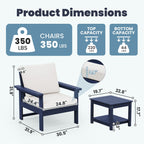 Ensemble de conversation pour patio extérieur en PEHD, 2 fauteuils et table d'appoint double, coussins amovibles inclus