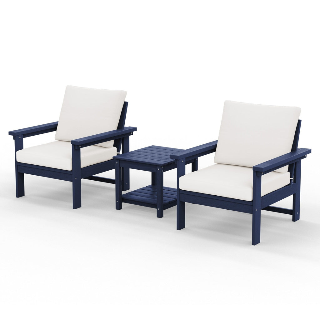 Ensemble de conversation pour patio extérieur en PEHD, 2 fauteuils et table d'appoint double, coussins amovibles inclus