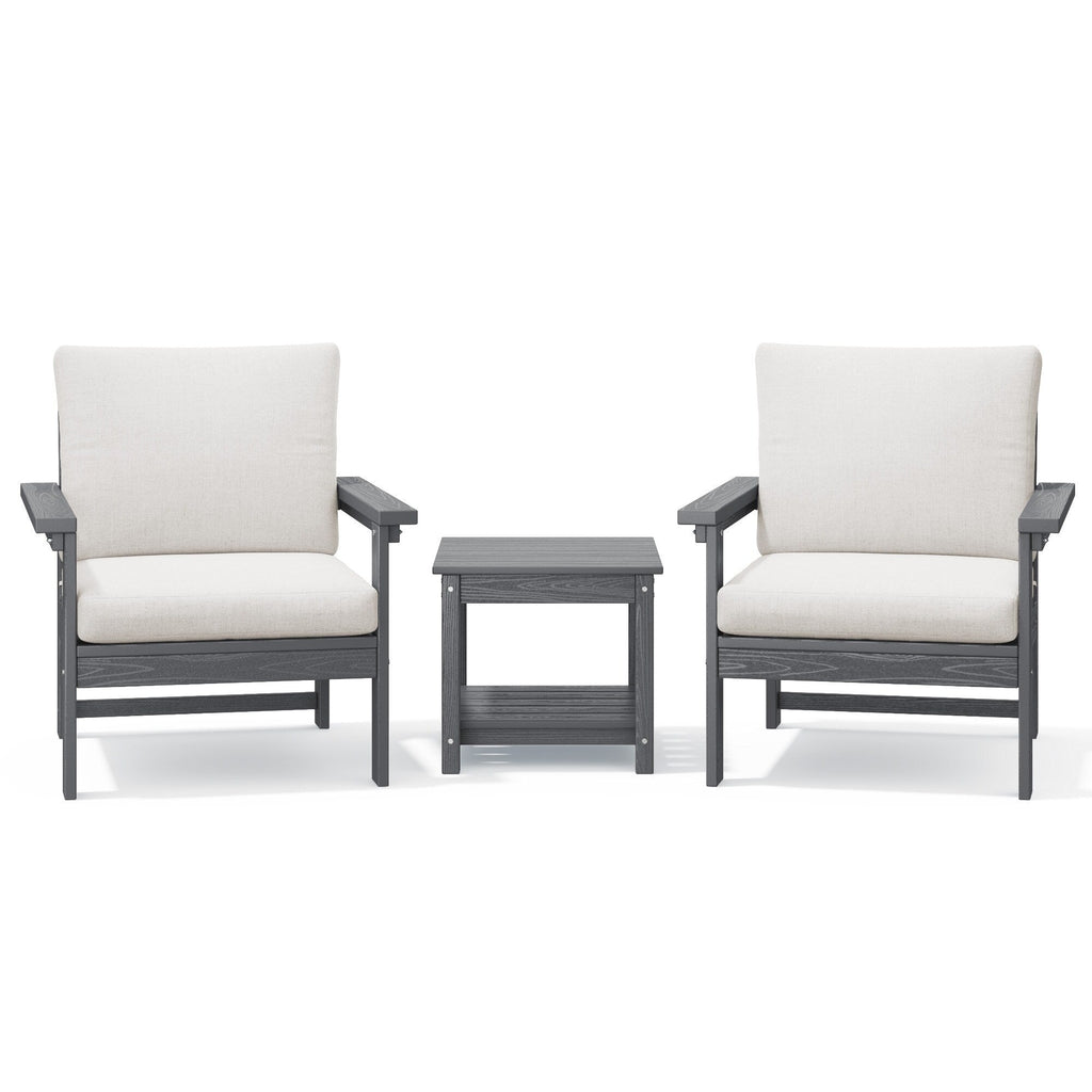 Ensemble de conversation pour patio extérieur en PEHD, 2 fauteuils et table d'appoint double, coussins amovibles inclus