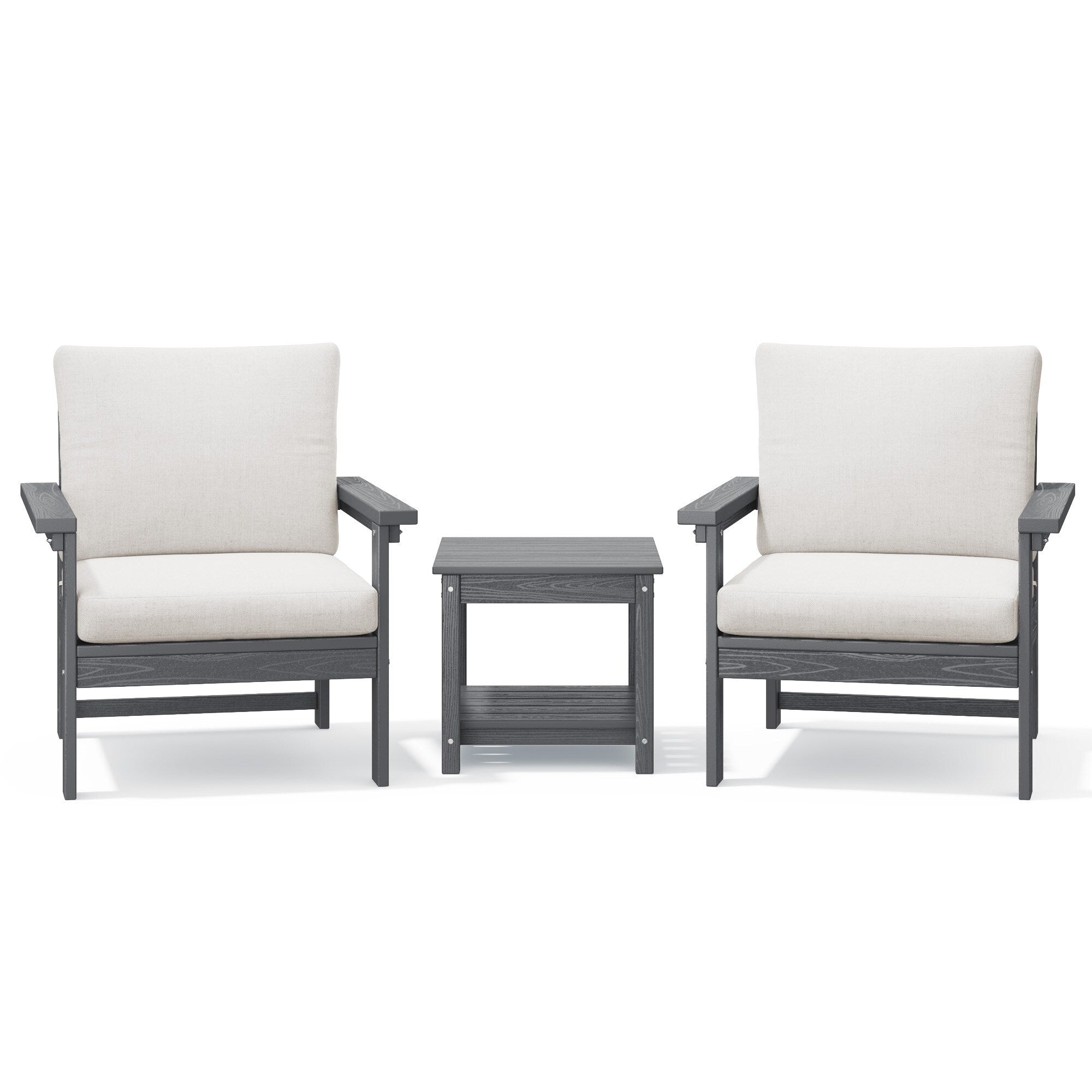 Ensemble de conversation pour patio extérieur en PEHD, 2 fauteuils et table d'appoint double, coussins amovibles inclus