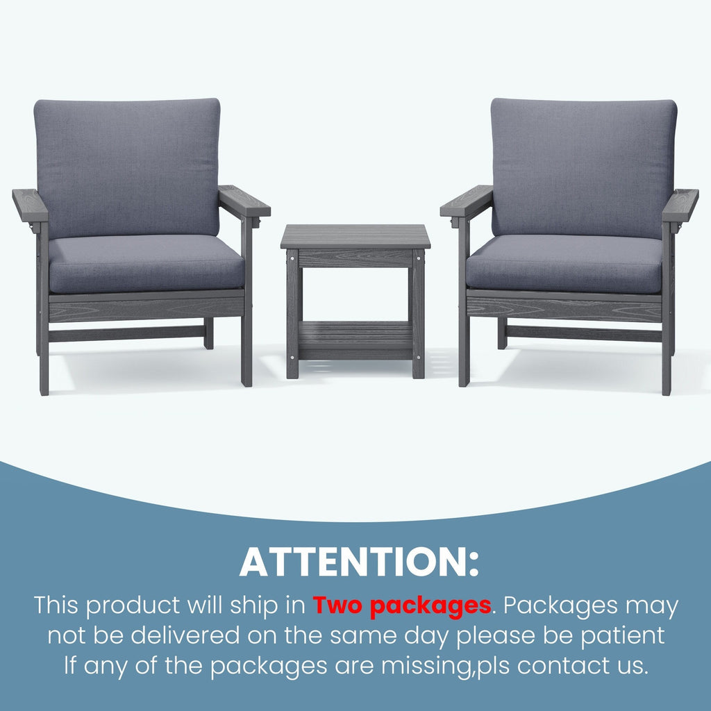 Ensemble de conversation pour patio extérieur en PEHD, 2 fauteuils et table d'appoint double, coussins amovibles inclus