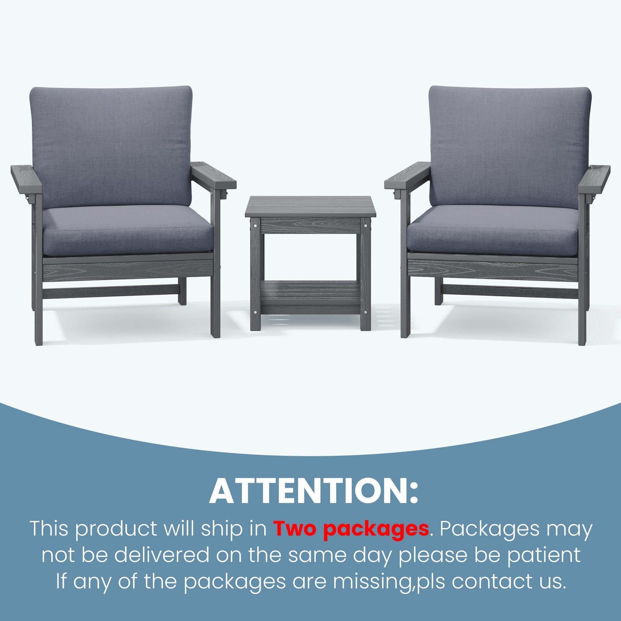 Ensemble de conversation pour patio extérieur en PEHD, 2 fauteuils et table d'appoint double, coussins amovibles inclus