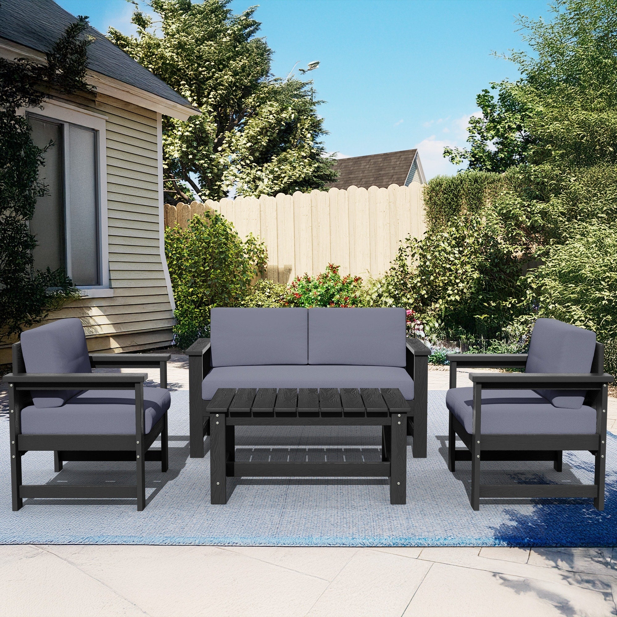 Ensemble de canapé et table sectionnels en PEHD pour patio extérieur, coussins amovibles inclus, une causeuse et deux canapés simples