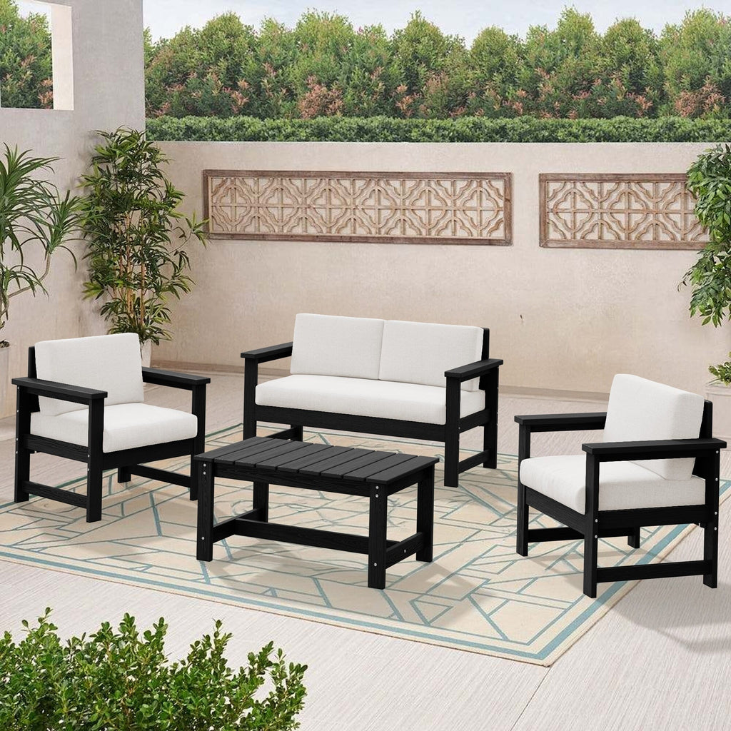 Ensemble de canapé et table sectionnels en PEHD pour patio extérieur, coussins amovibles inclus, une causeuse et deux canapés simples