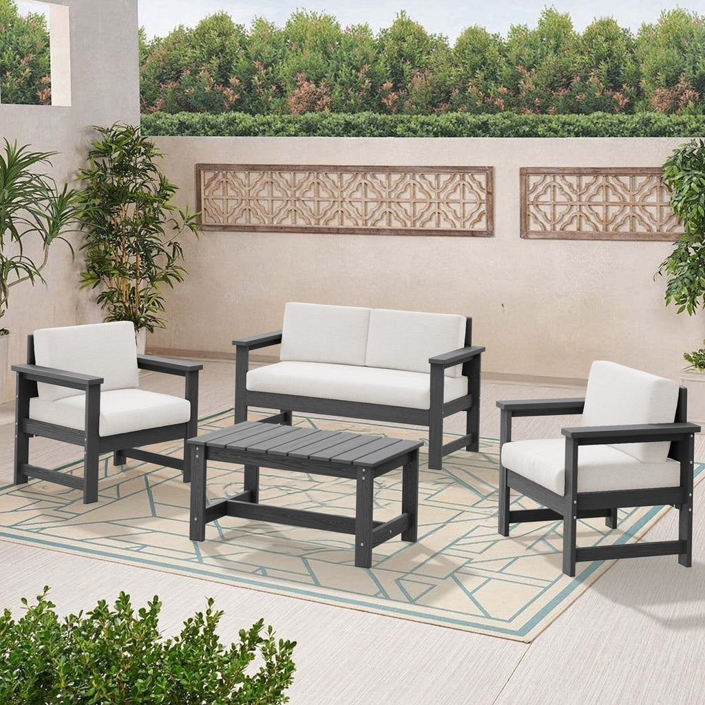 Ensemble de canapé et table sectionnels en PEHD pour patio extérieur, coussins amovibles inclus, une causeuse et deux canapés simples