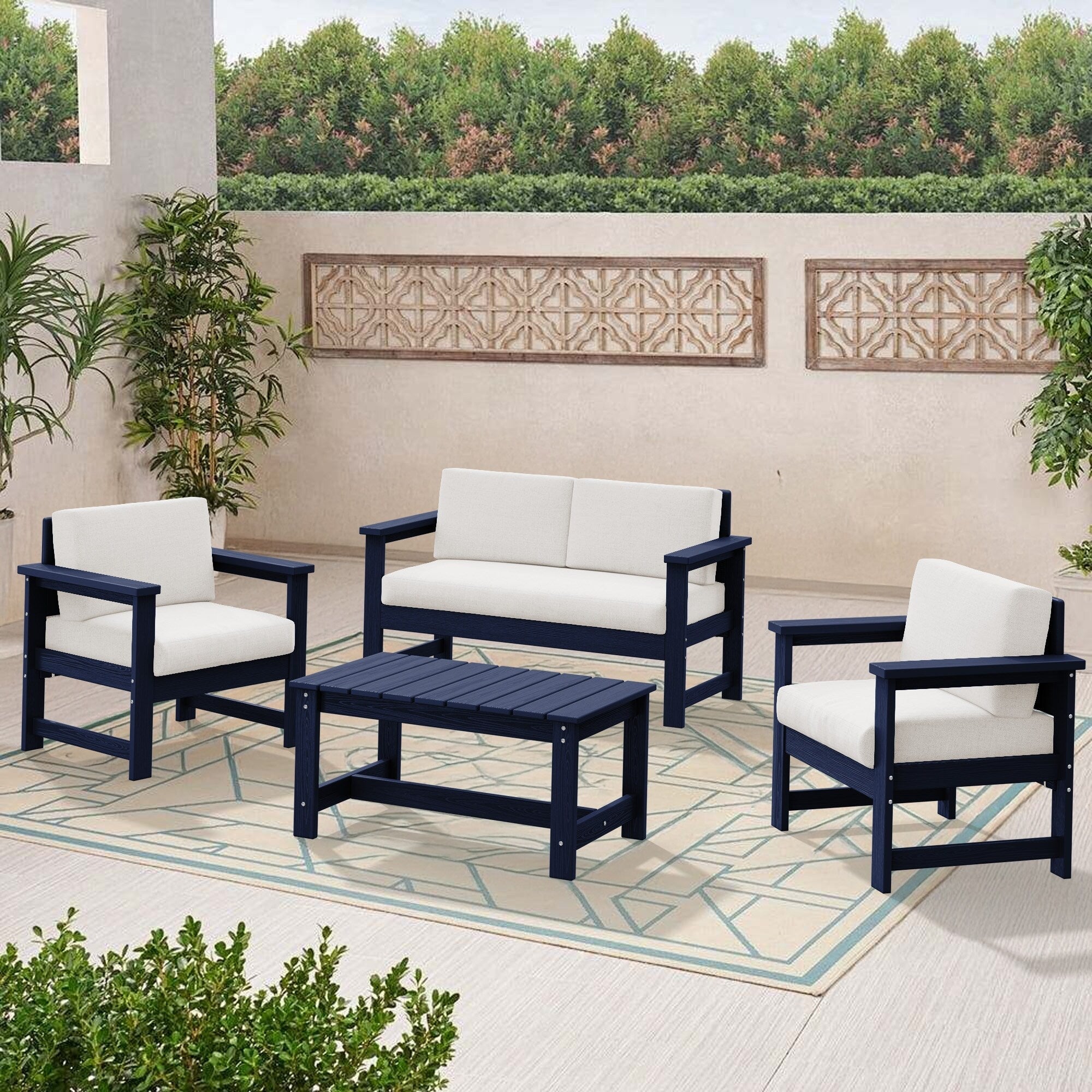 Ensemble de canapé et table sectionnels en PEHD pour patio extérieur, coussins amovibles inclus, une causeuse et deux canapés simples