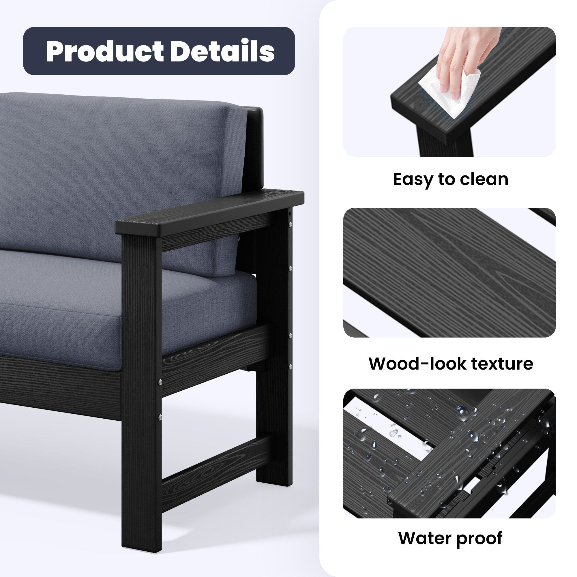 Ensemble de canapé et table sectionnels en PEHD pour patio extérieur, coussins amovibles inclus, une causeuse et deux canapés simples