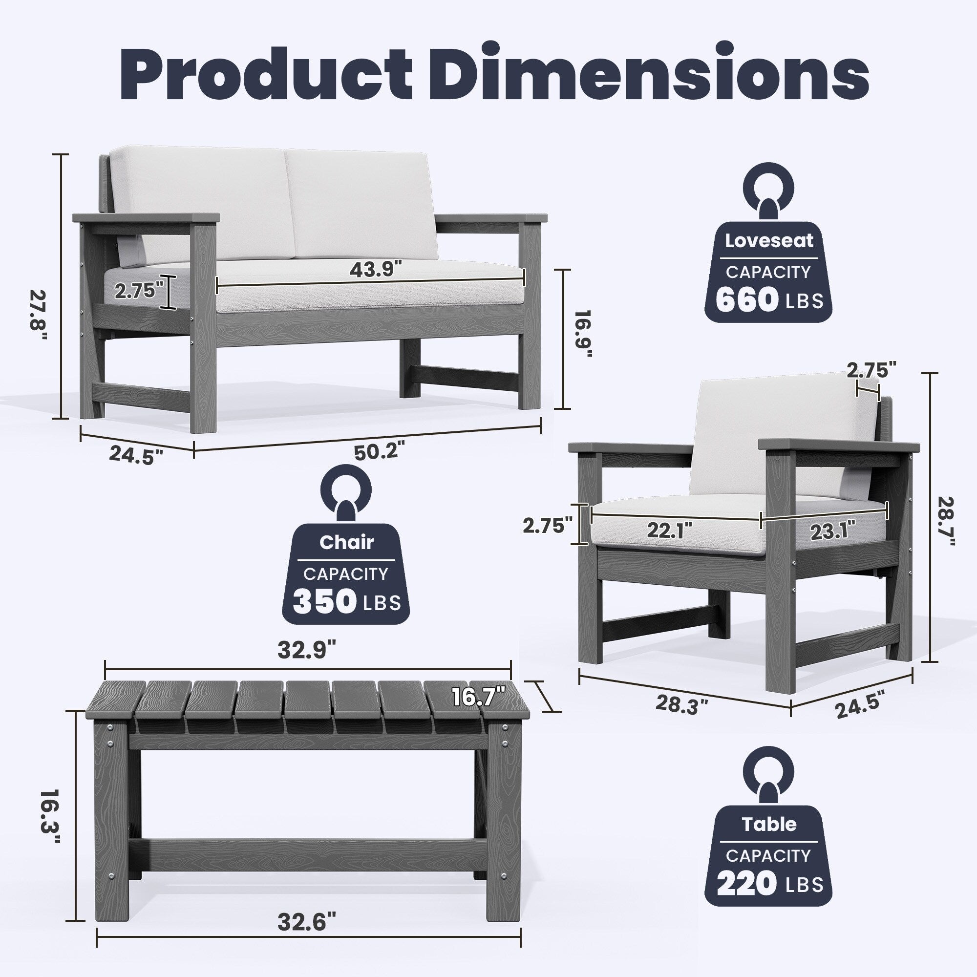Ensemble de canapé et table sectionnels en PEHD pour patio extérieur, coussins amovibles inclus, une causeuse et deux canapés simples