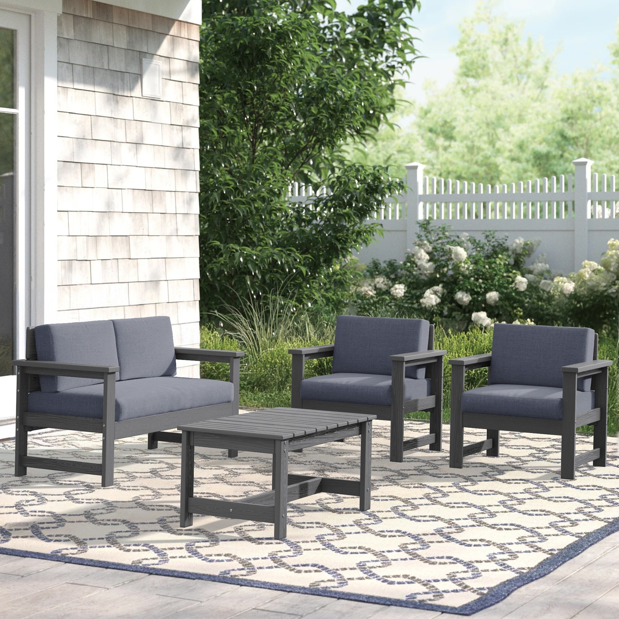 Ensemble de canapé et table sectionnels en PEHD pour patio extérieur, coussins amovibles inclus, une causeuse et deux canapés simples
