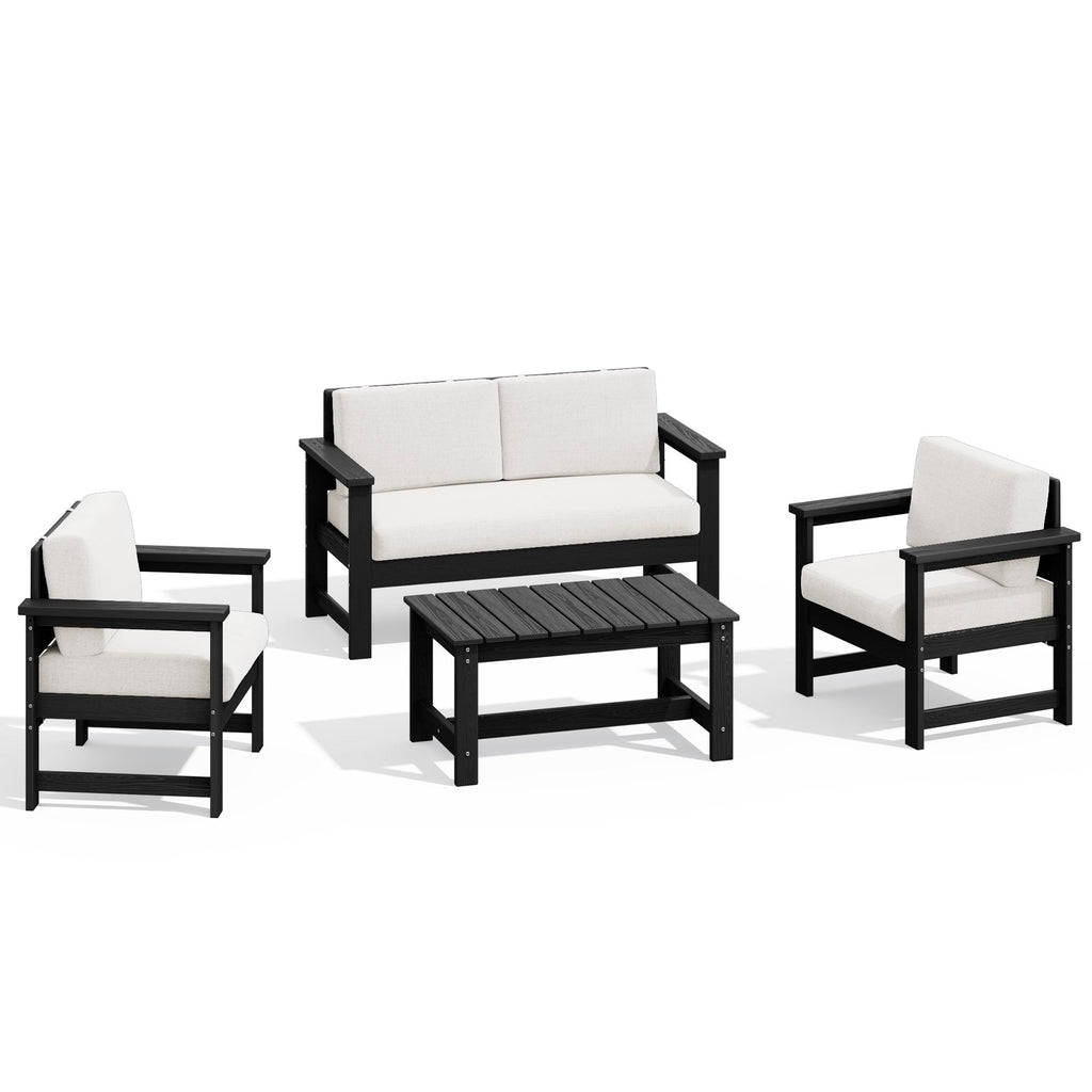 Ensemble de canapé et table sectionnels en PEHD pour patio extérieur, coussins amovibles inclus, une causeuse et deux canapés simples