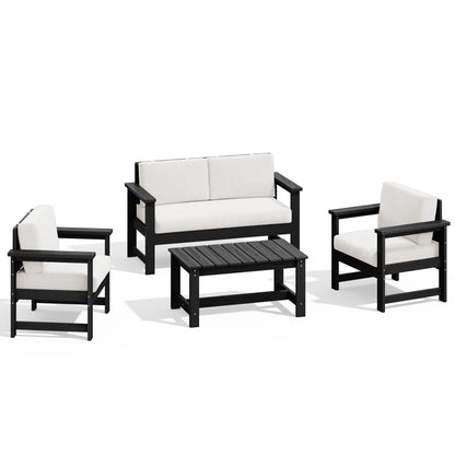 Ensemble de canapé et table sectionnels en PEHD pour patio extérieur, coussins amovibles inclus, une causeuse et deux canapés simples