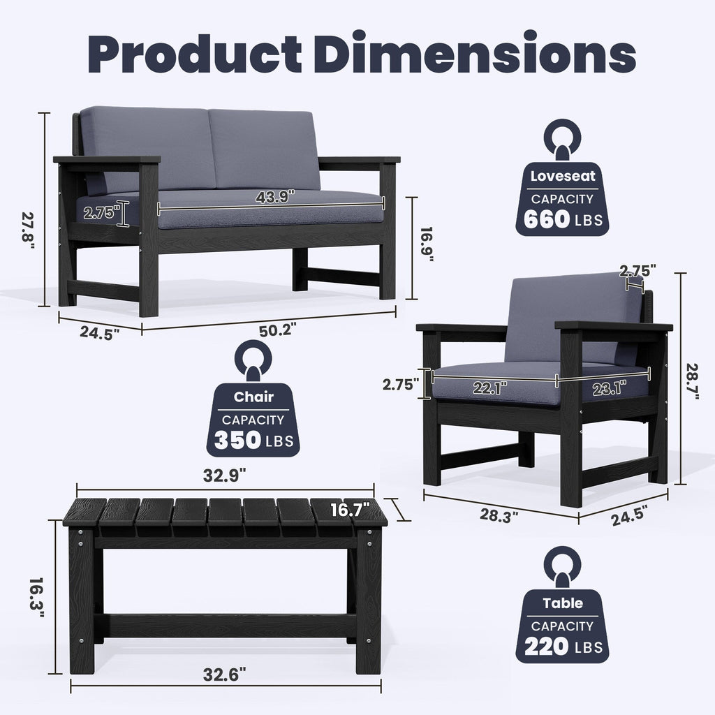 Ensemble de canapé et table sectionnels en PEHD pour patio extérieur, coussins amovibles inclus, une causeuse et deux canapés simples