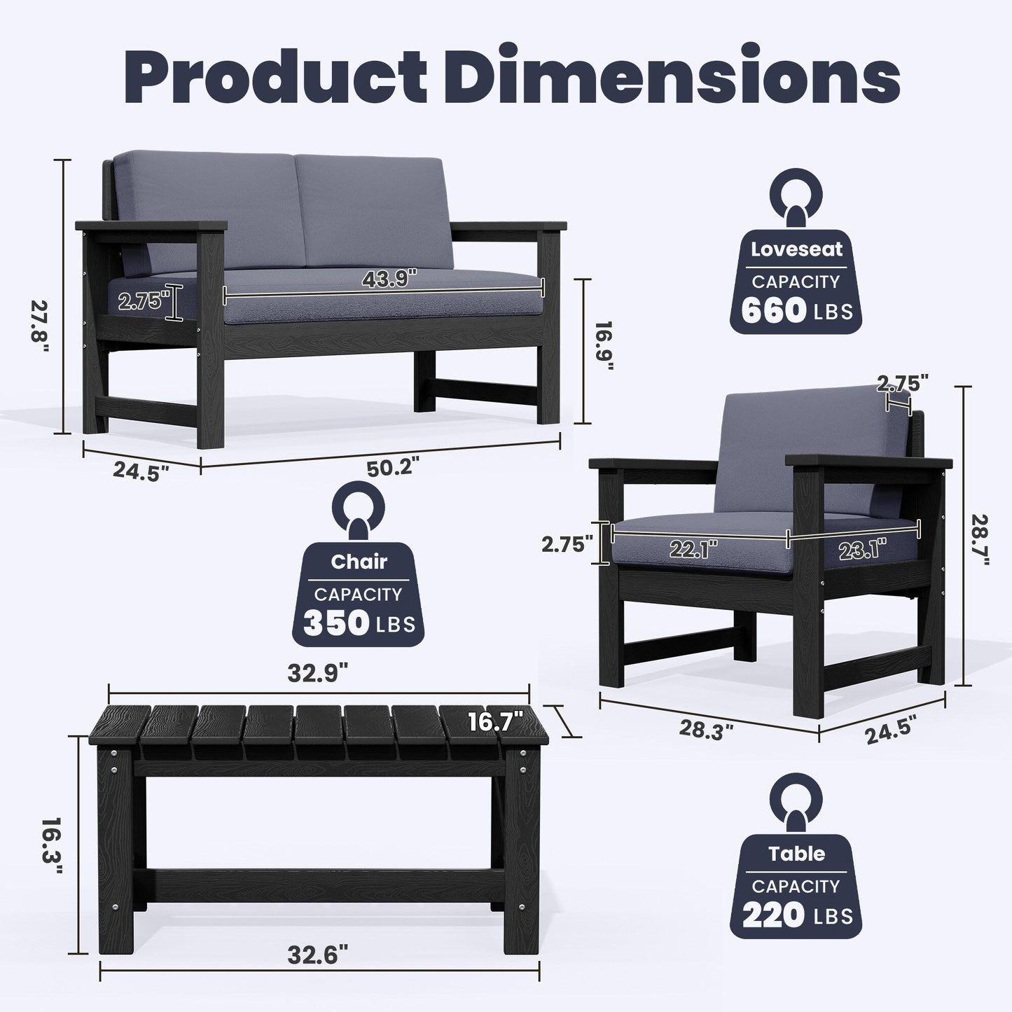 Ensemble de canapé et table sectionnels en PEHD pour patio extérieur, coussins amovibles inclus, une causeuse et deux canapés simples