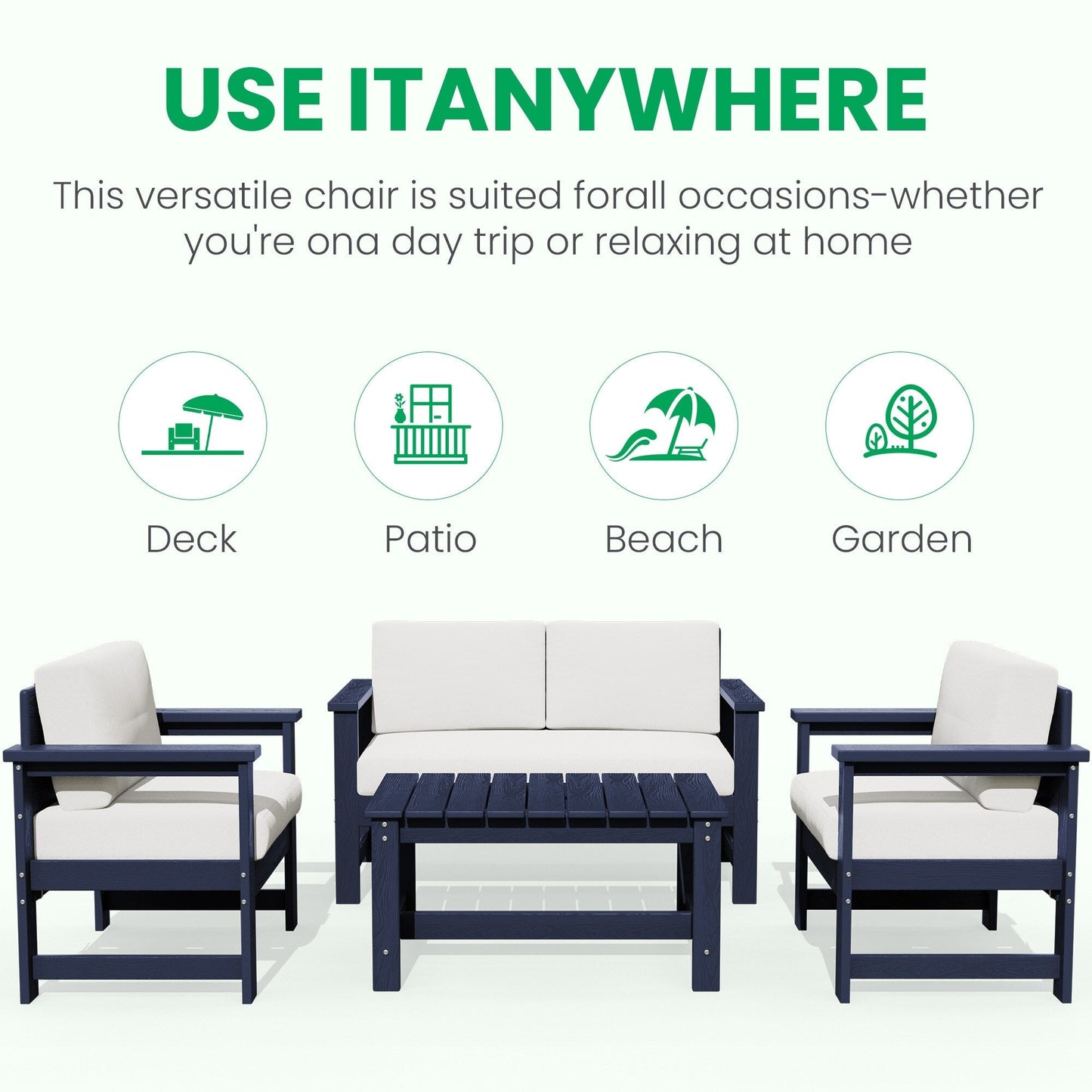 Ensemble de canapé et table sectionnels en PEHD pour patio extérieur, coussins amovibles inclus, une causeuse et deux canapés simples