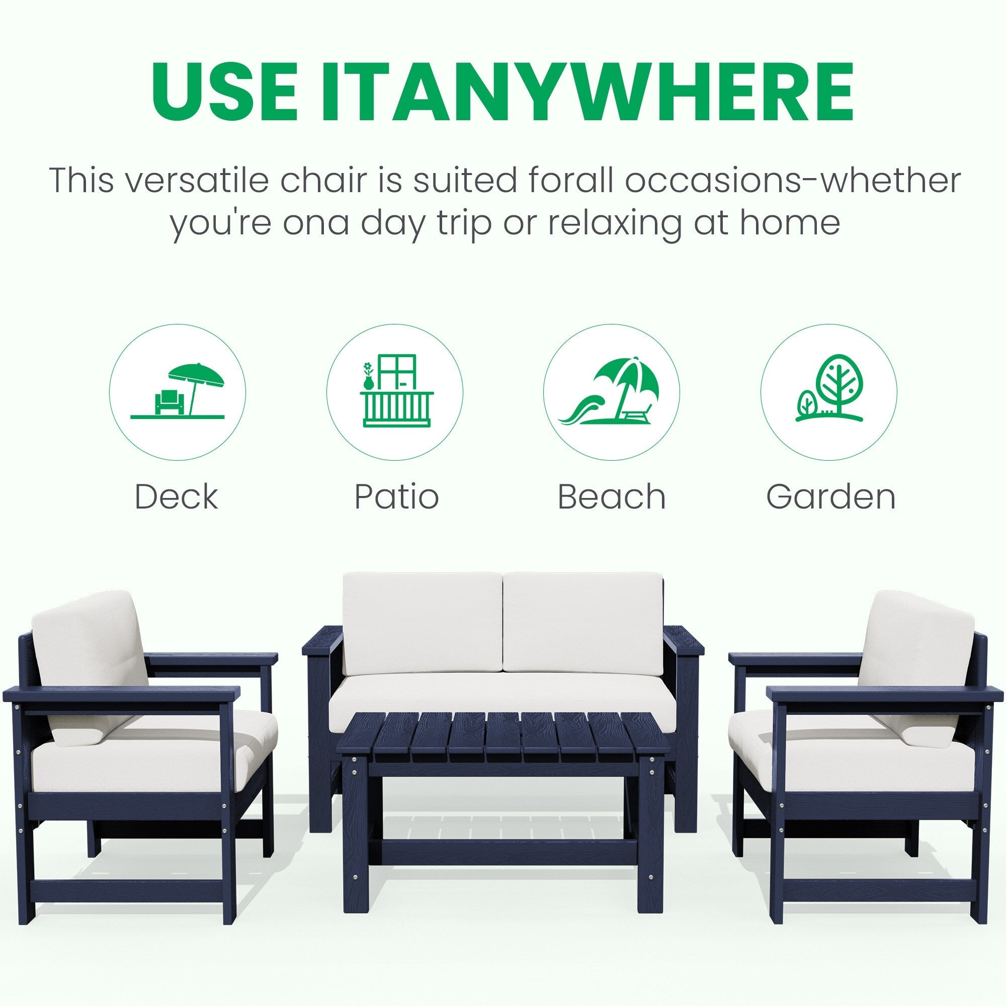 Ensemble de canapé et table sectionnels en PEHD pour patio extérieur, coussins amovibles inclus, une causeuse et deux canapés simples