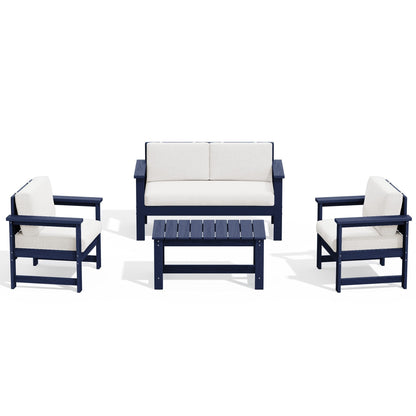 Ensemble de canapé et table sectionnels en PEHD pour patio extérieur, coussins amovibles inclus, une causeuse et deux canapés simples
