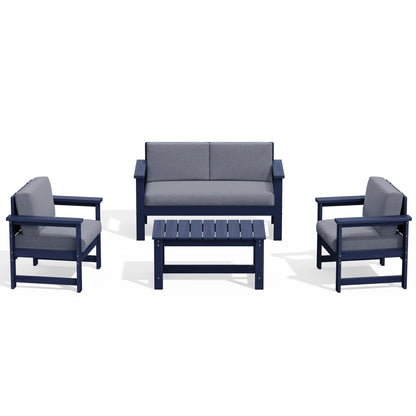 Ensemble de canapé et table sectionnels en PEHD pour patio extérieur, coussins amovibles inclus, une causeuse et deux canapés simples