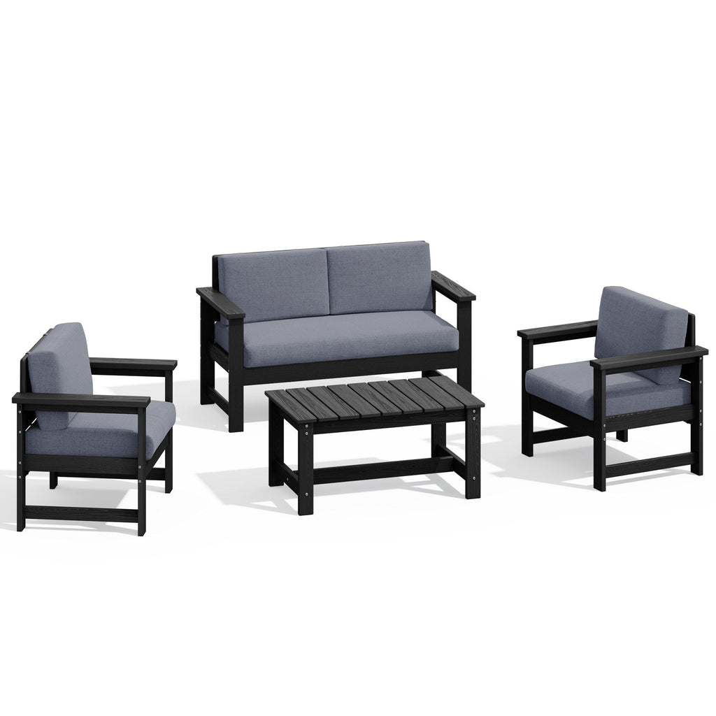 Ensemble de canapé et table sectionnels en PEHD pour patio extérieur, coussins amovibles inclus, une causeuse et deux canapés simples