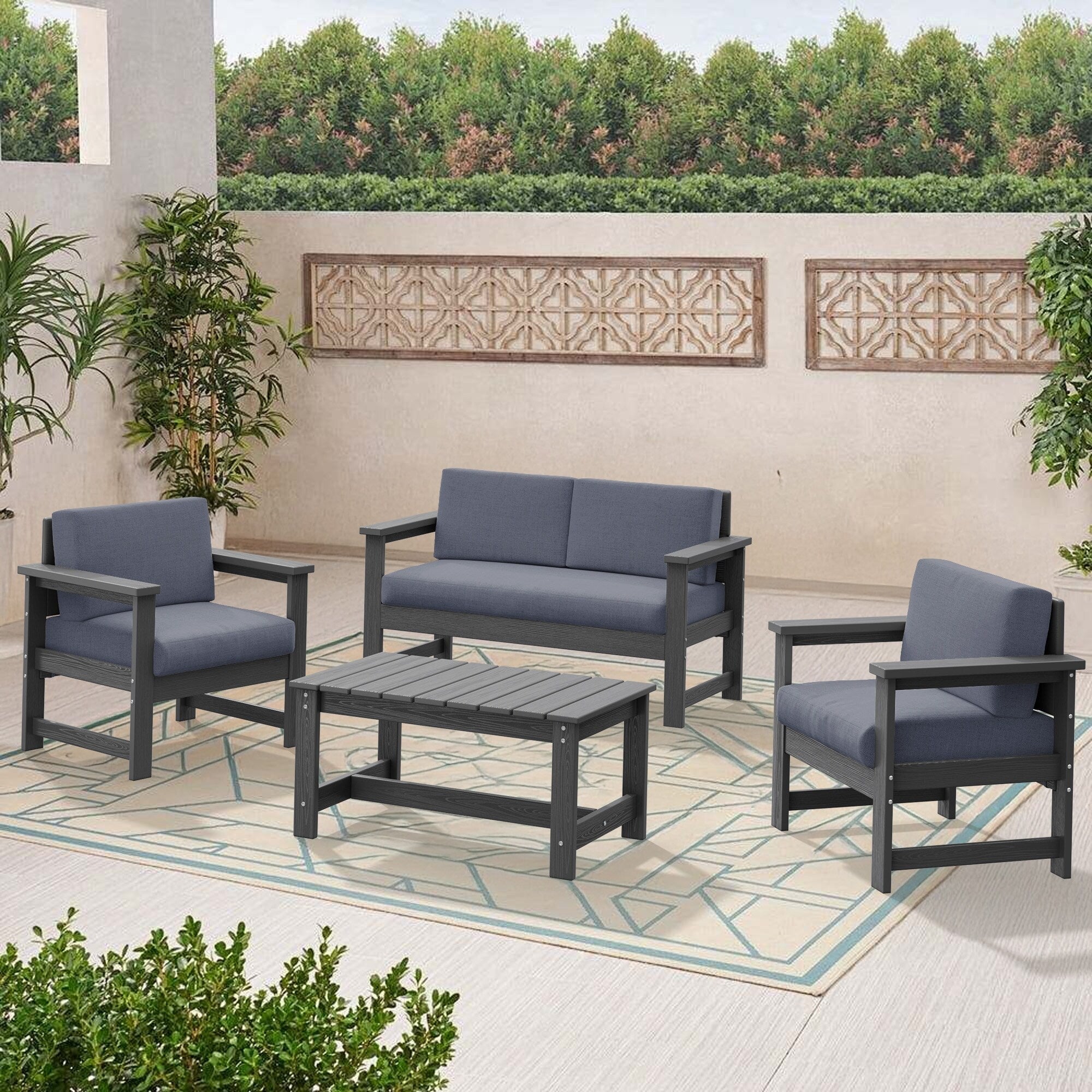 Ensemble de canapé et table sectionnels en PEHD pour patio extérieur, coussins amovibles inclus, une causeuse et deux canapés simples