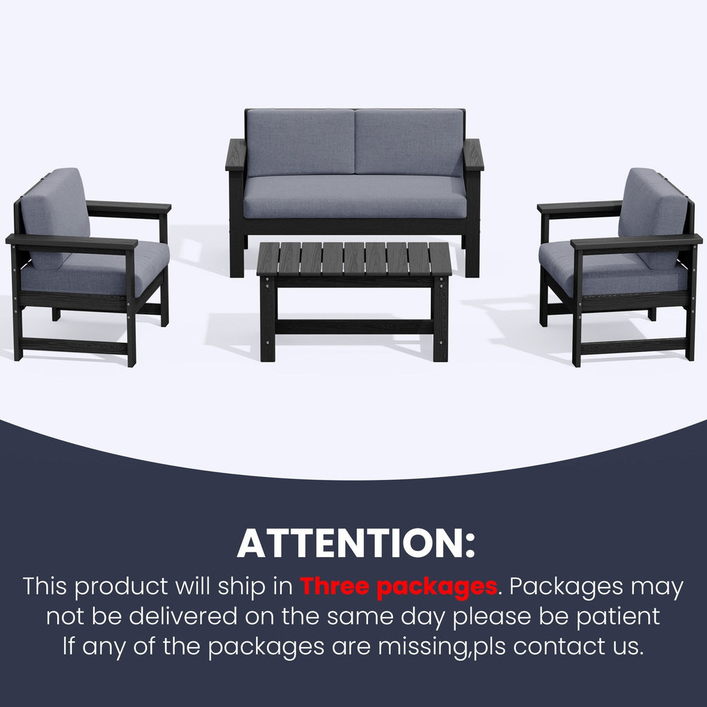 Ensemble de canapé et table sectionnels en PEHD pour patio extérieur, coussins amovibles inclus, une causeuse et deux canapés simples