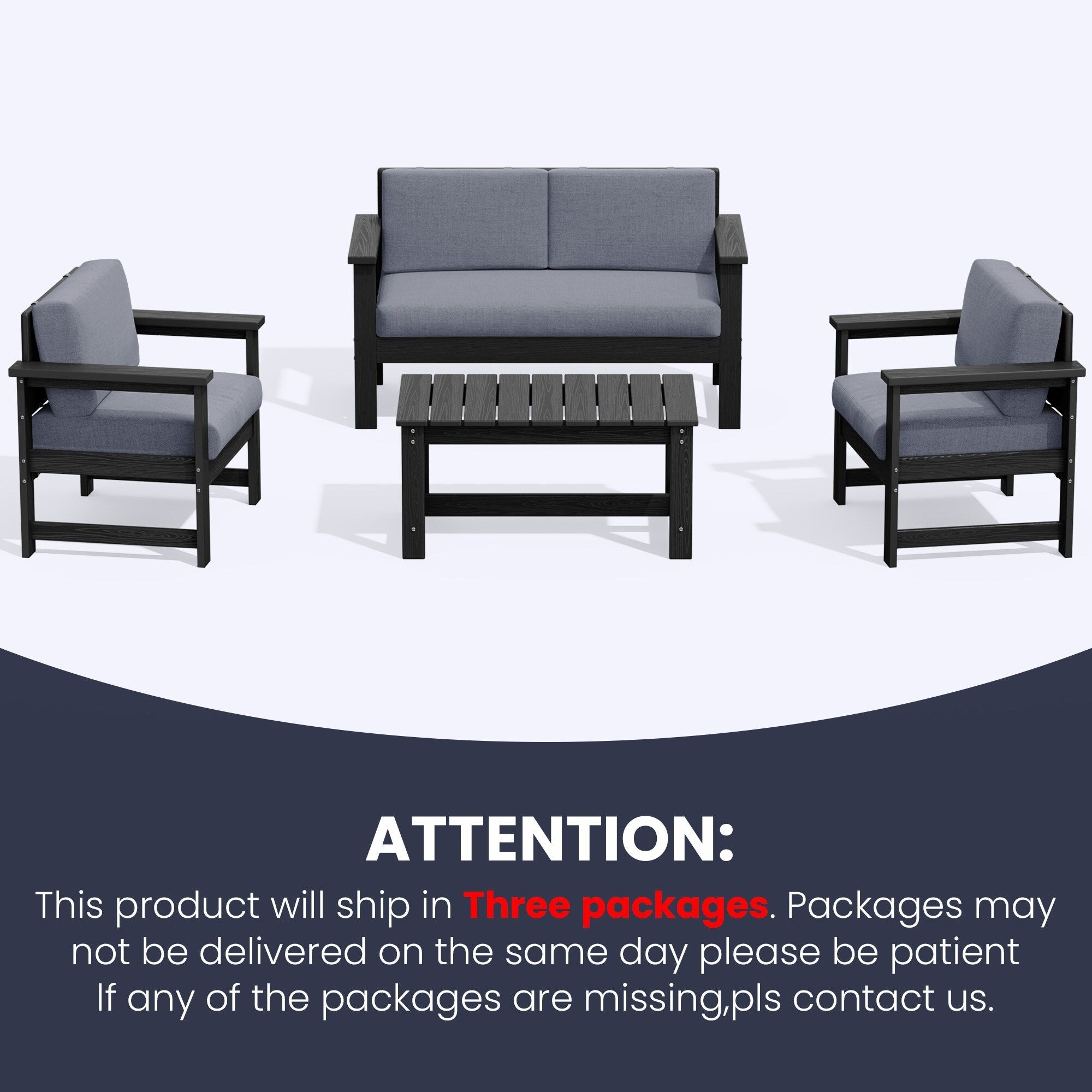 Ensemble de canapé et table sectionnels en PEHD pour patio extérieur, coussins amovibles inclus, une causeuse et deux canapés simples