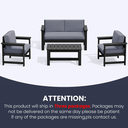 Ensemble de canapé et table sectionnels en PEHD pour patio extérieur, coussins amovibles inclus, une causeuse et deux canapés simples