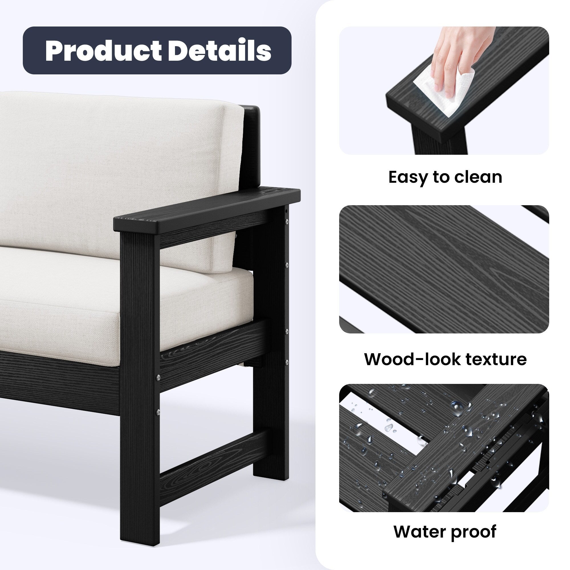 Ensemble de canapé et table sectionnels en PEHD pour patio extérieur, coussins amovibles inclus, une causeuse et deux canapés simples