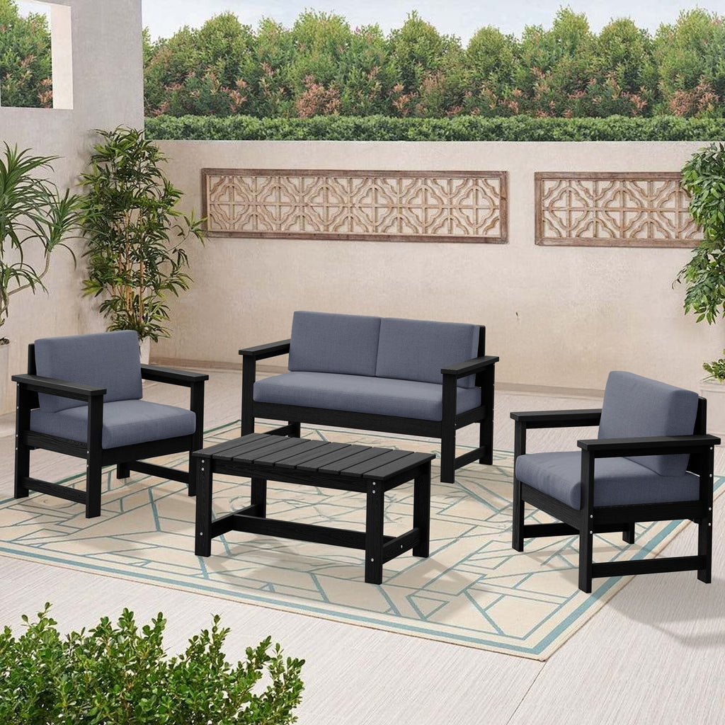 Ensemble de canapé et table sectionnels en PEHD pour patio extérieur, coussins amovibles inclus, une causeuse et deux canapés simples