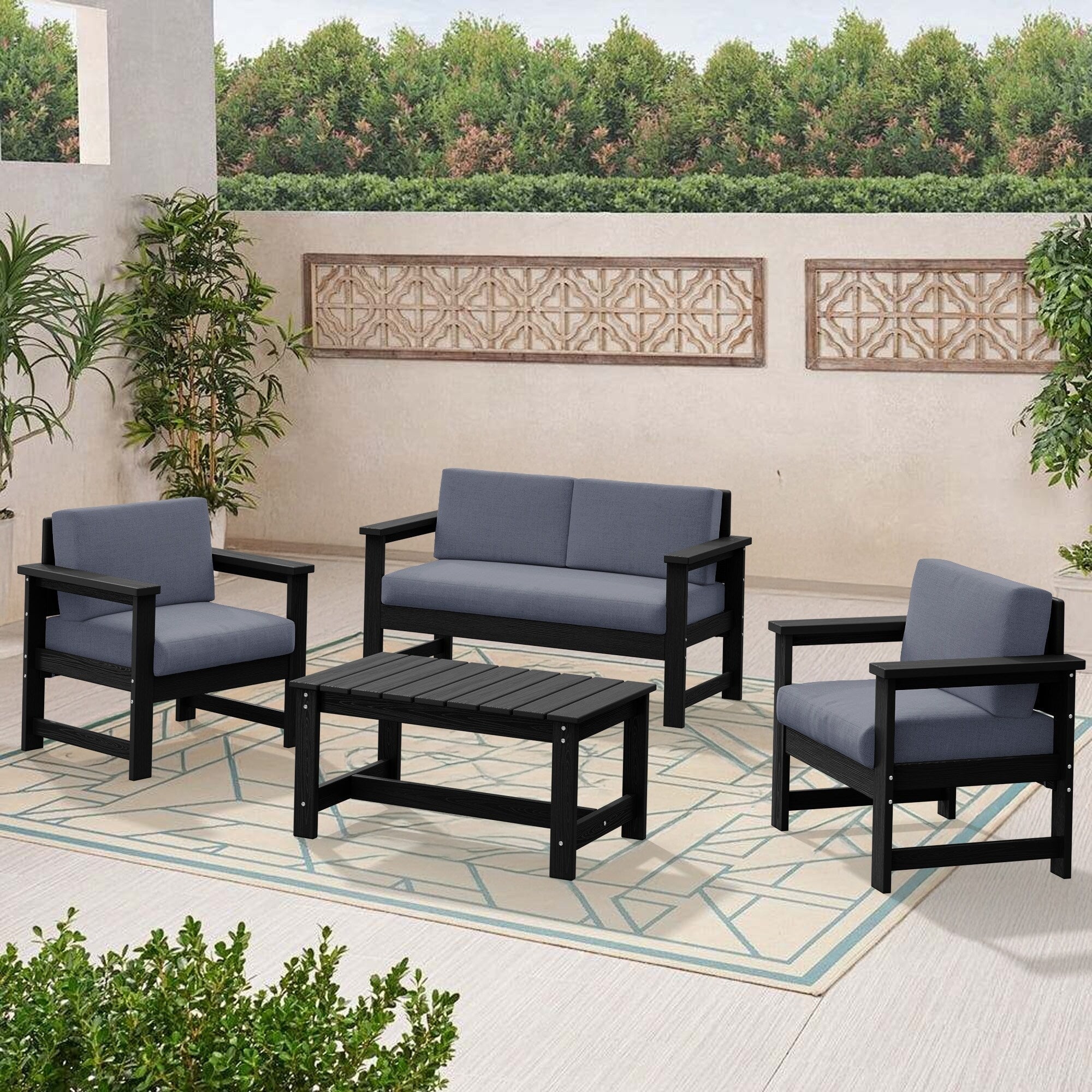 Ensemble de canapé et table sectionnels en PEHD pour patio extérieur, coussins amovibles inclus, une causeuse et deux canapés simples