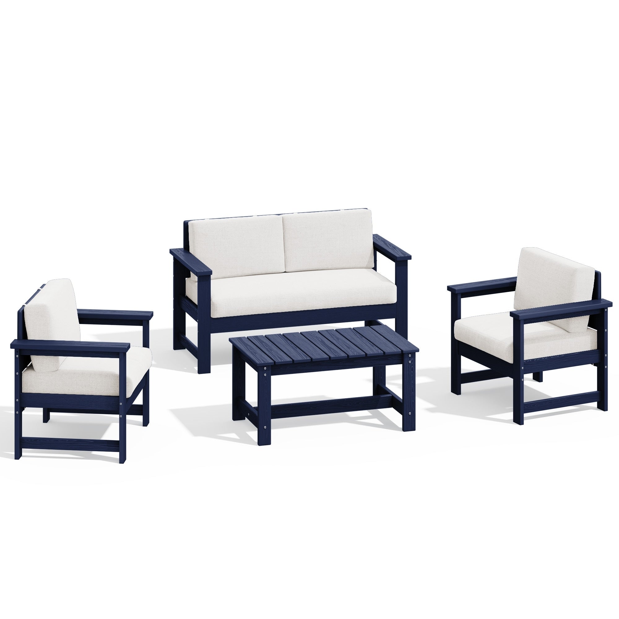 Ensemble de canapé et table sectionnels en PEHD pour patio extérieur, coussins amovibles inclus, une causeuse et deux canapés simples