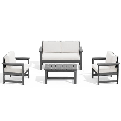 Ensemble de canapé et table sectionnels en PEHD pour patio extérieur, coussins amovibles inclus, une causeuse et deux canapés simples