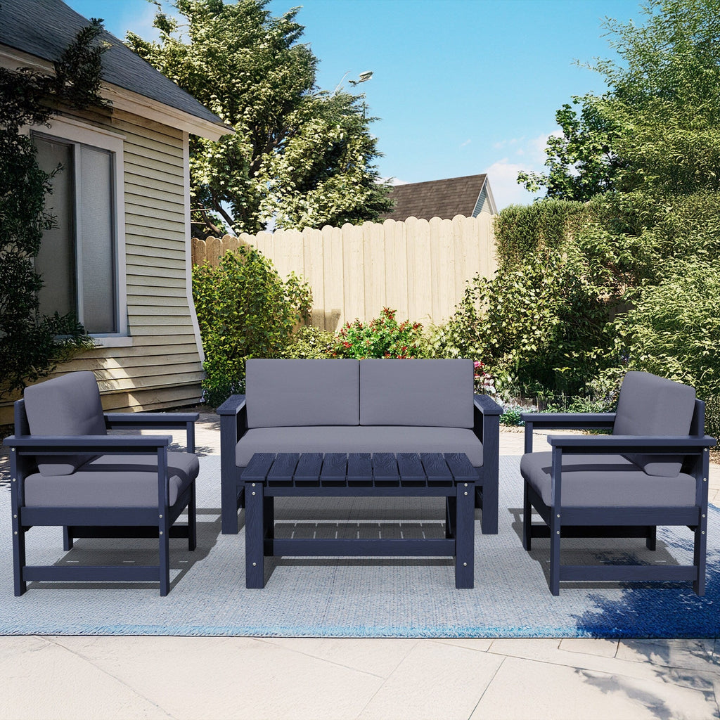Ensemble de canapé et table sectionnels en PEHD pour patio extérieur, coussins amovibles inclus, une causeuse et deux canapés simples