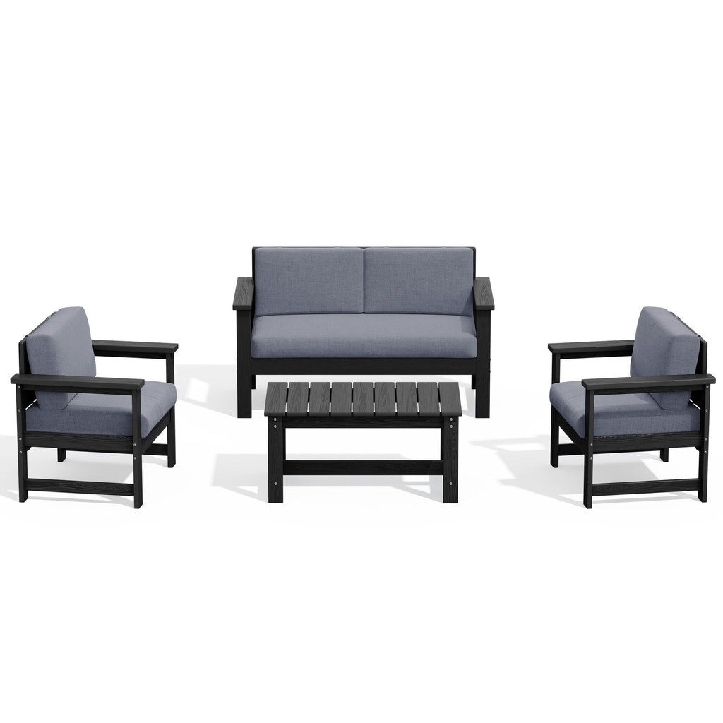Ensemble de canapé et table sectionnels en PEHD pour patio extérieur, coussins amovibles inclus, une causeuse et deux canapés simples