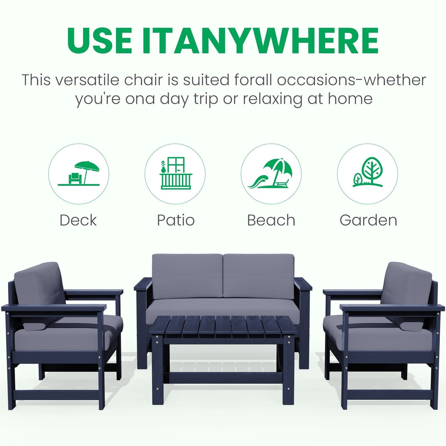 Ensemble de canapé et table sectionnels en PEHD pour patio extérieur, coussins amovibles inclus, une causeuse et deux canapés simples