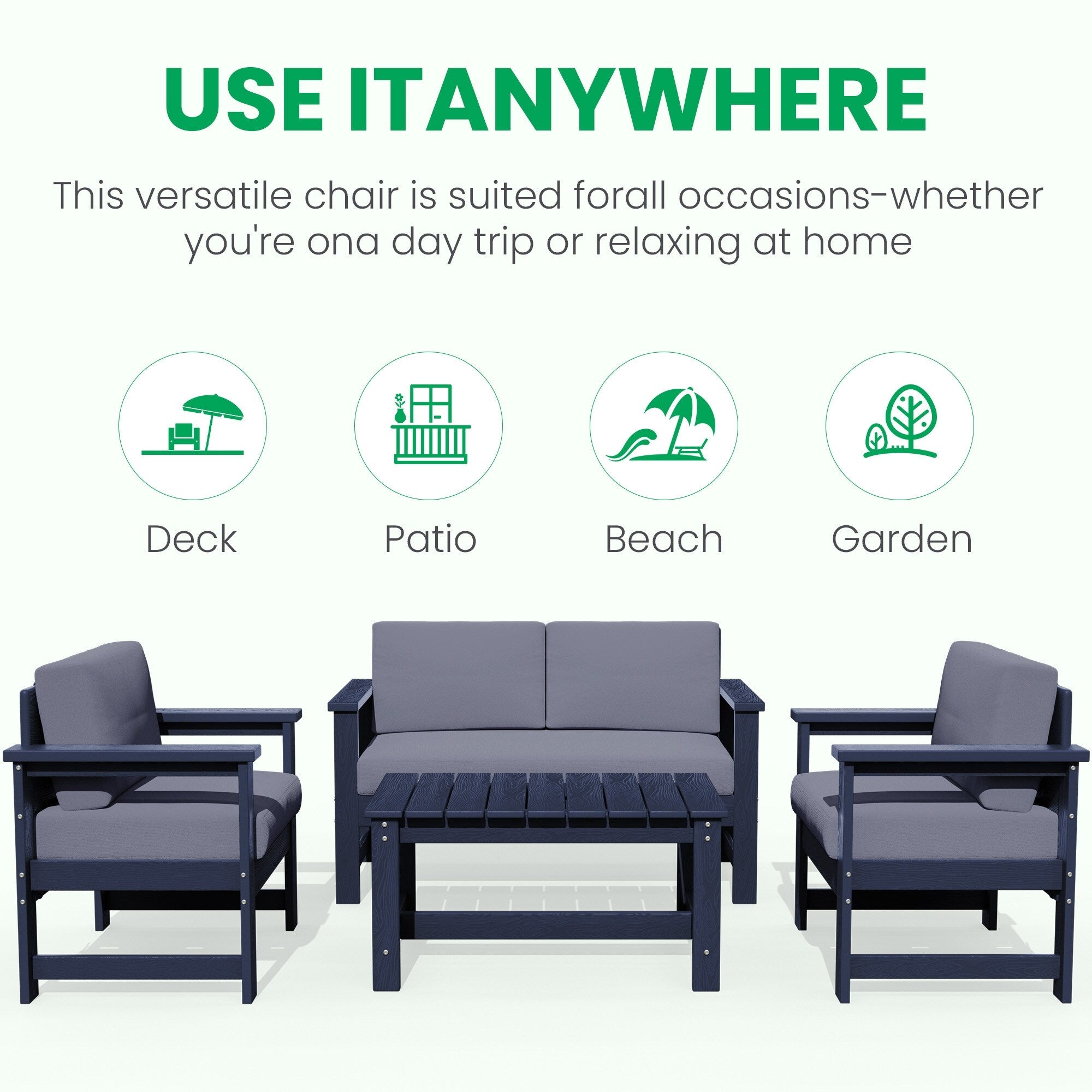 Ensemble de canapé et table sectionnels en PEHD pour patio extérieur, coussins amovibles inclus, une causeuse et deux canapés simples