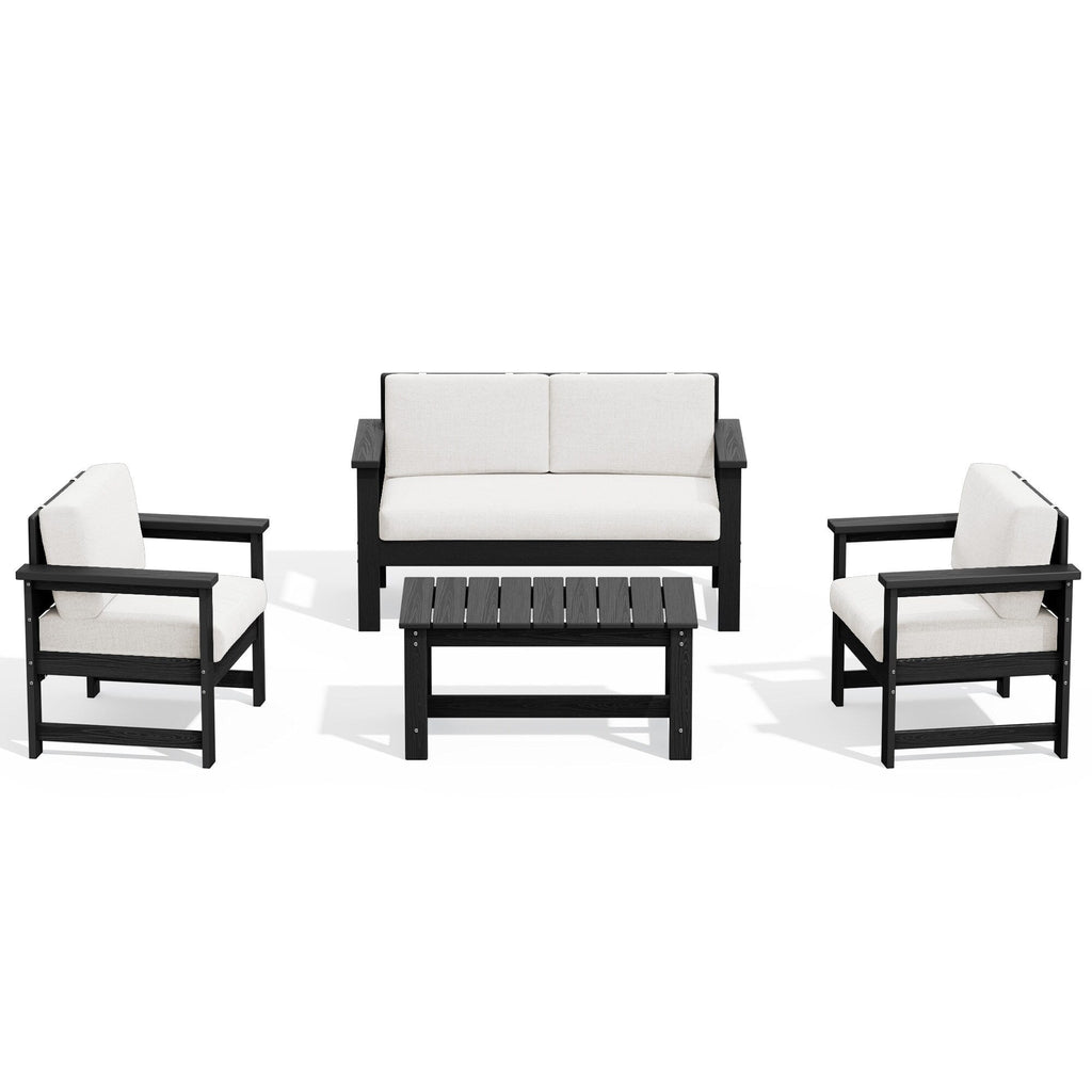 Ensemble de canapé et table sectionnels en PEHD pour patio extérieur, coussins amovibles inclus, une causeuse et deux canapés simples