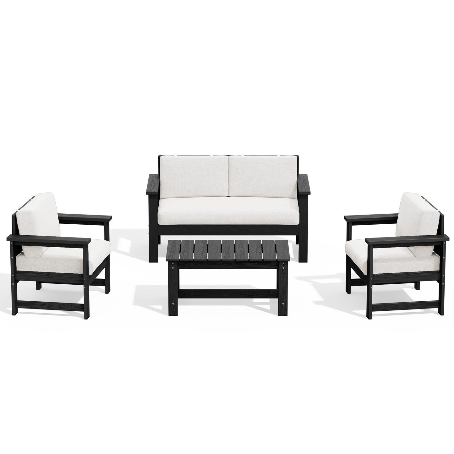 Ensemble de canapé et table sectionnels en PEHD pour patio extérieur, coussins amovibles inclus, une causeuse et deux canapés simples