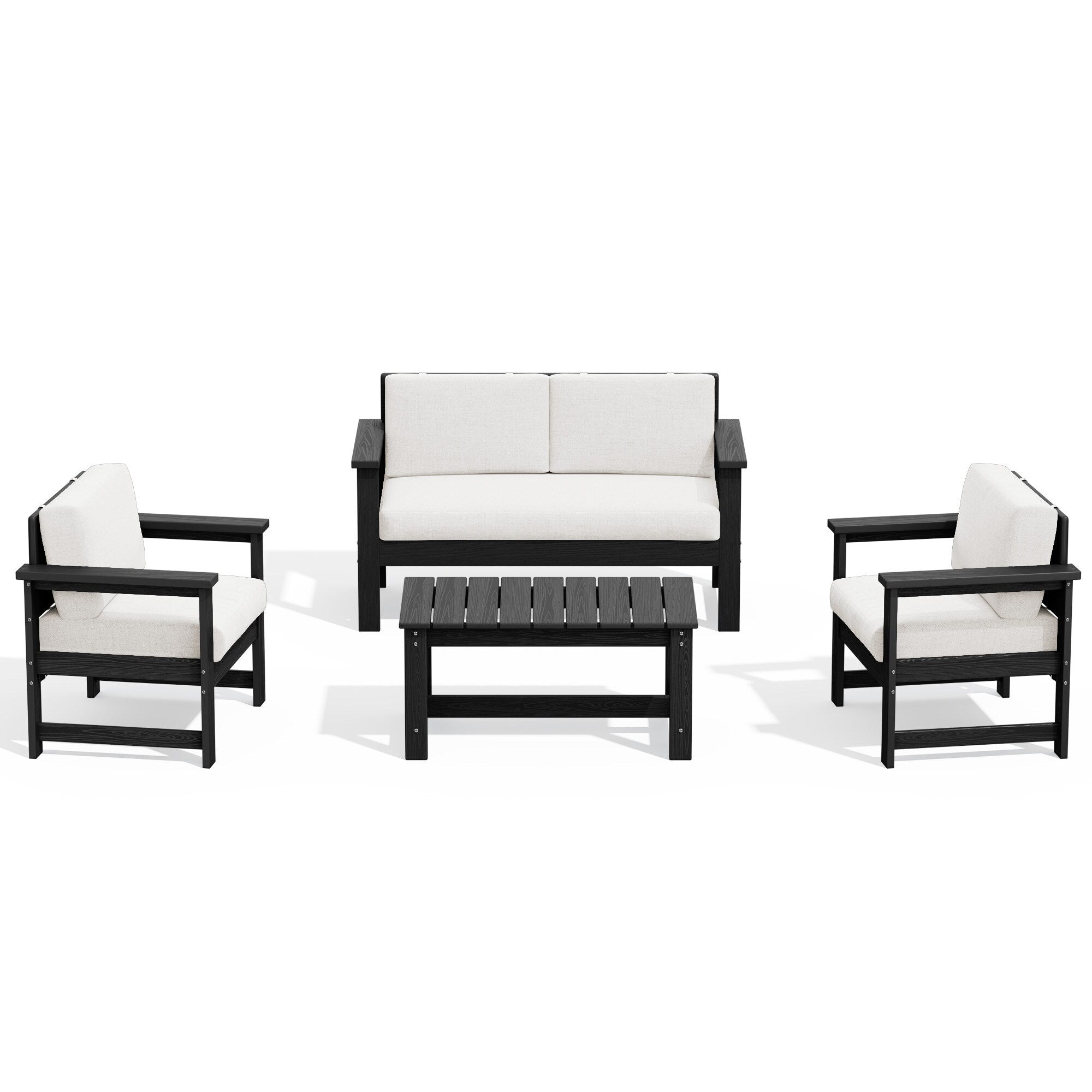 Ensemble de canapé et table sectionnels en PEHD pour patio extérieur, coussins amovibles inclus, une causeuse et deux canapés simples