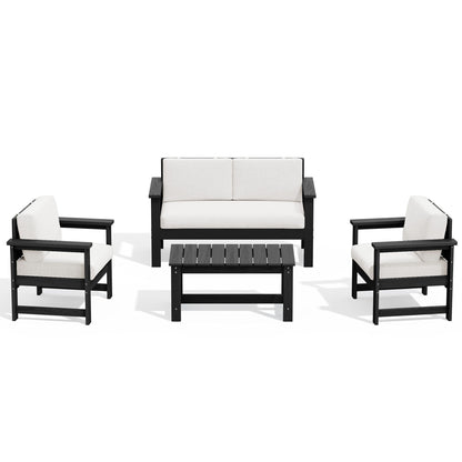 Ensemble de canapé et table sectionnels en PEHD pour patio extérieur, coussins amovibles inclus, une causeuse et deux canapés simples
