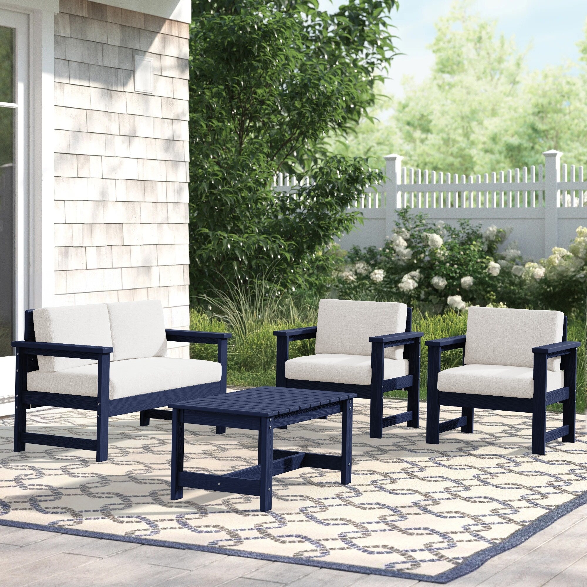 Ensemble de canapé et table sectionnels en PEHD pour patio extérieur, coussins amovibles inclus, une causeuse et deux canapés simples