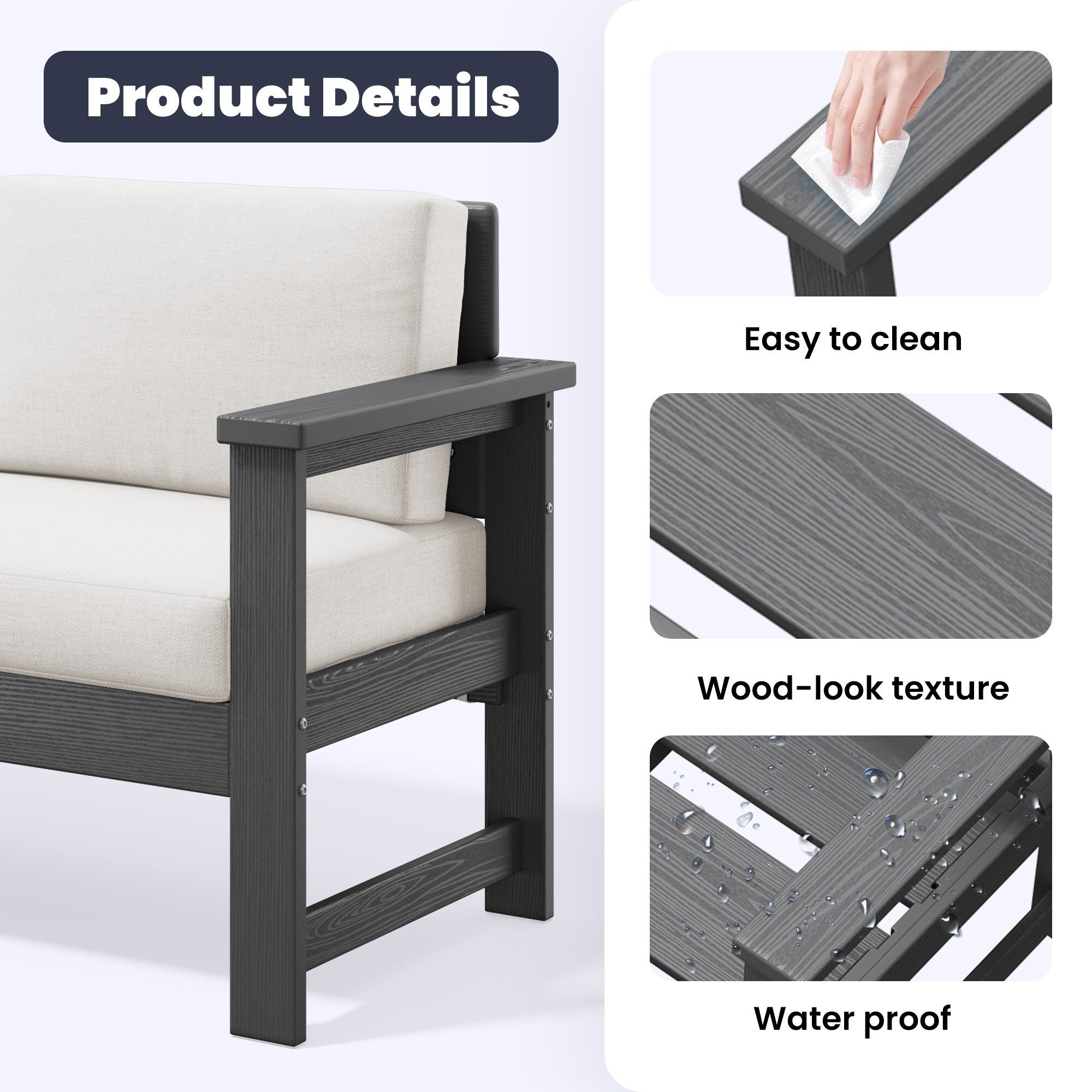 Ensemble de canapé et table sectionnels en PEHD pour patio extérieur, coussins amovibles inclus, une causeuse et deux canapés simples