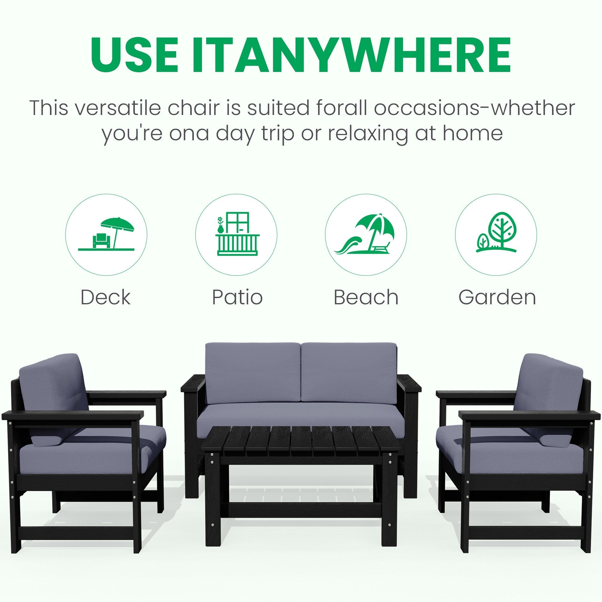Ensemble de canapé et table sectionnels en PEHD pour patio extérieur, coussins amovibles inclus, une causeuse et deux canapés simples