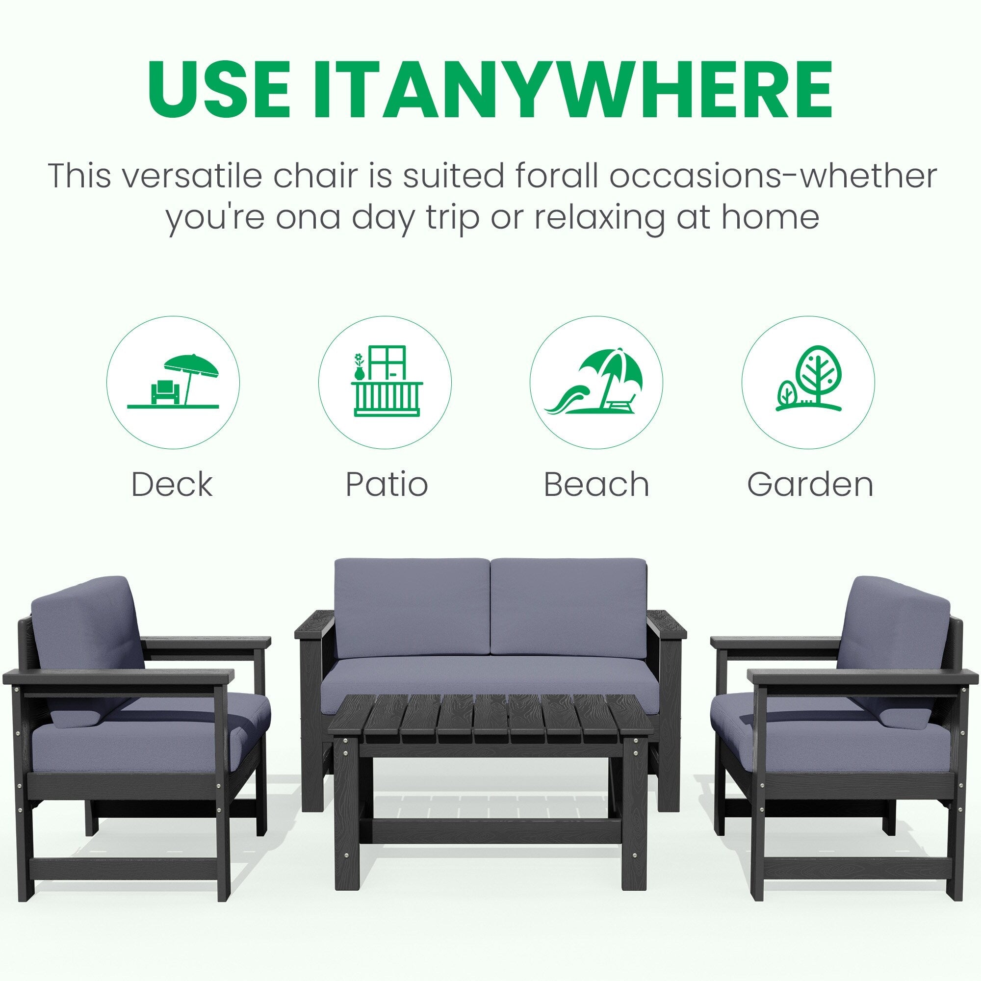 Ensemble de canapé et table sectionnels en PEHD pour patio extérieur, coussins amovibles inclus, une causeuse et deux canapés simples