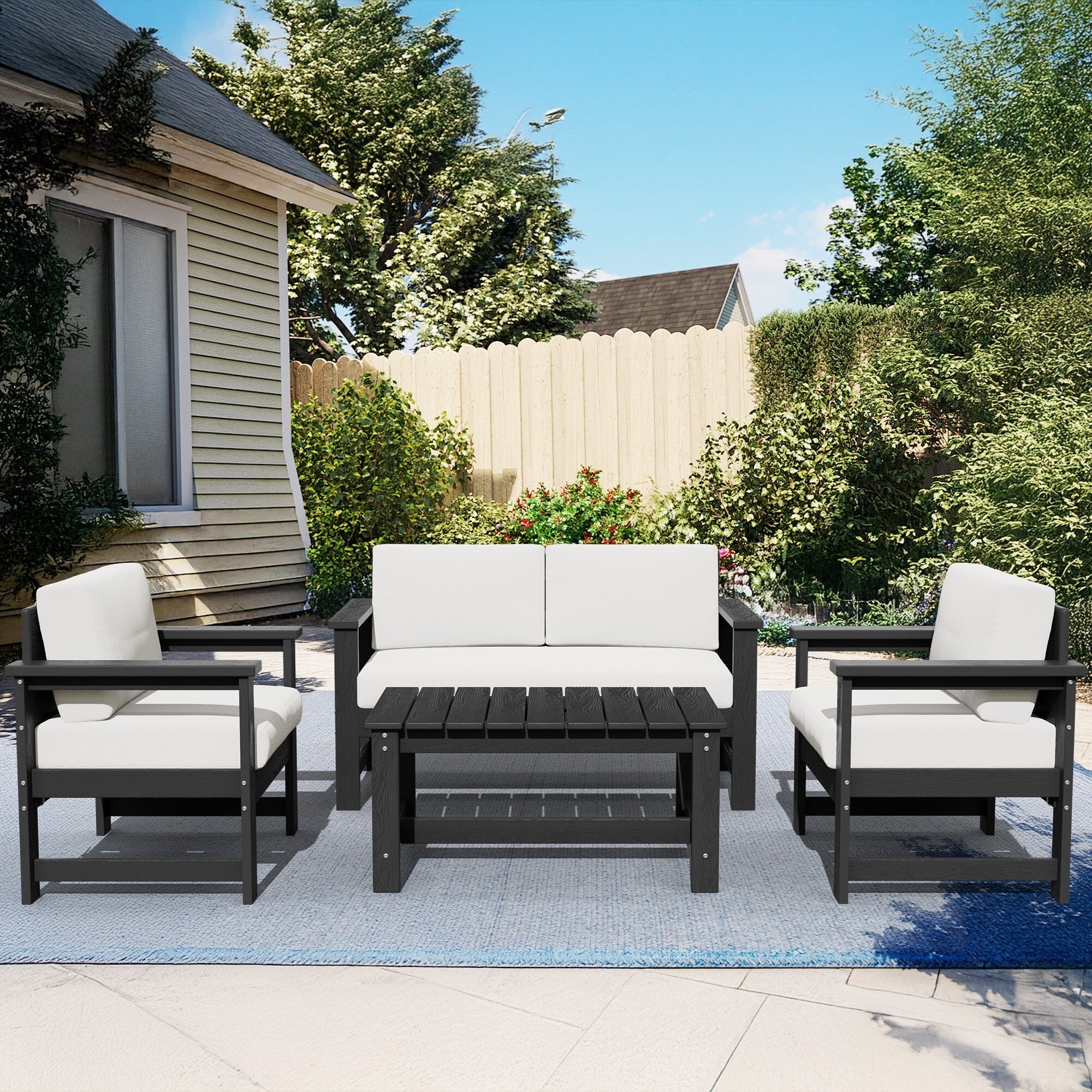 Ensemble de canapé et table sectionnels en PEHD pour patio extérieur, coussins amovibles inclus, une causeuse et deux canapés simples