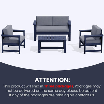 Ensemble de canapé et table sectionnels en PEHD pour patio extérieur, coussins amovibles inclus, une causeuse et deux canapés simples