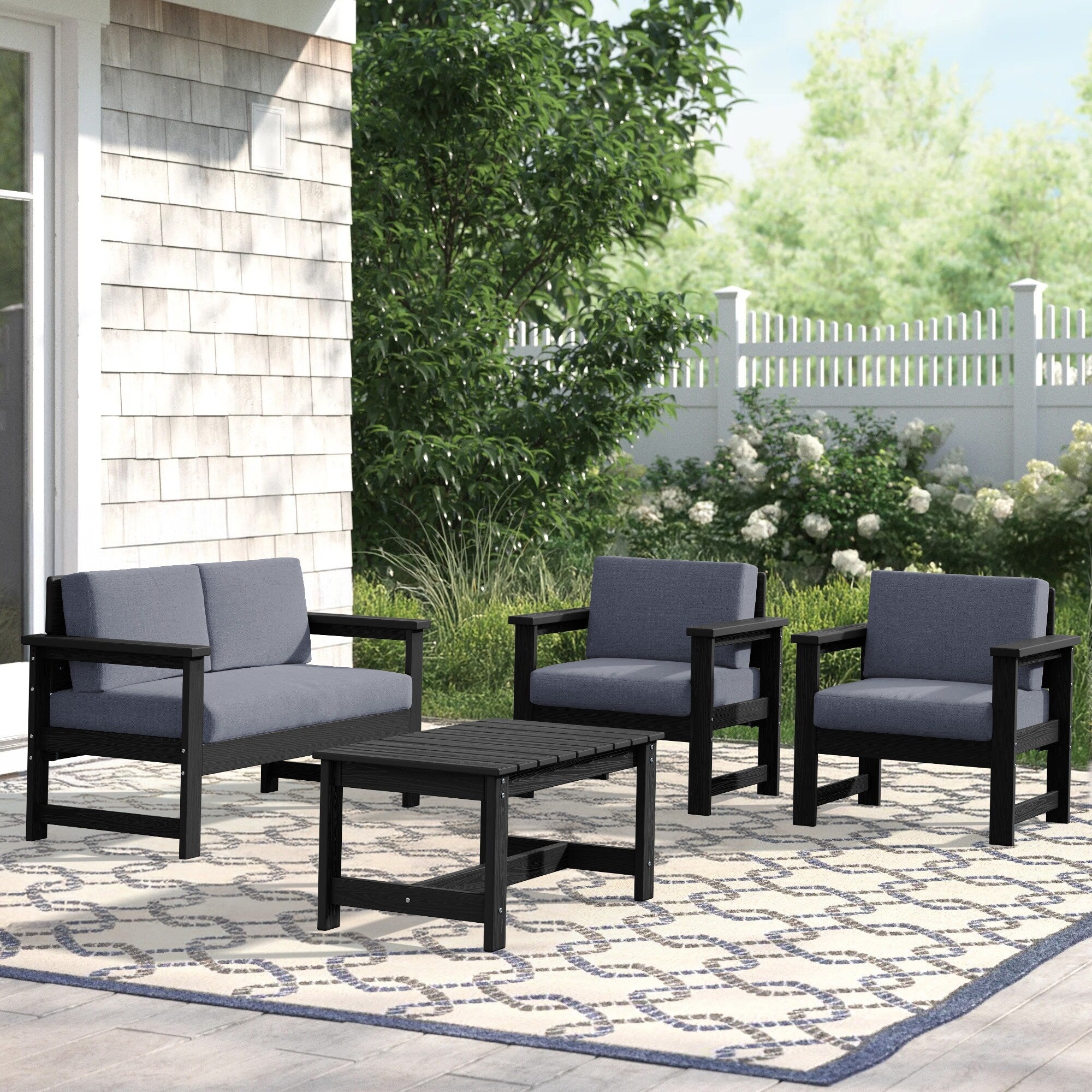 Ensemble de canapé et table sectionnels en PEHD pour patio extérieur, coussins amovibles inclus, une causeuse et deux canapés simples