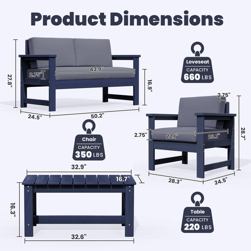 Ensemble de canapé et table sectionnels en PEHD pour patio extérieur, coussins amovibles inclus, une causeuse et deux canapés simples