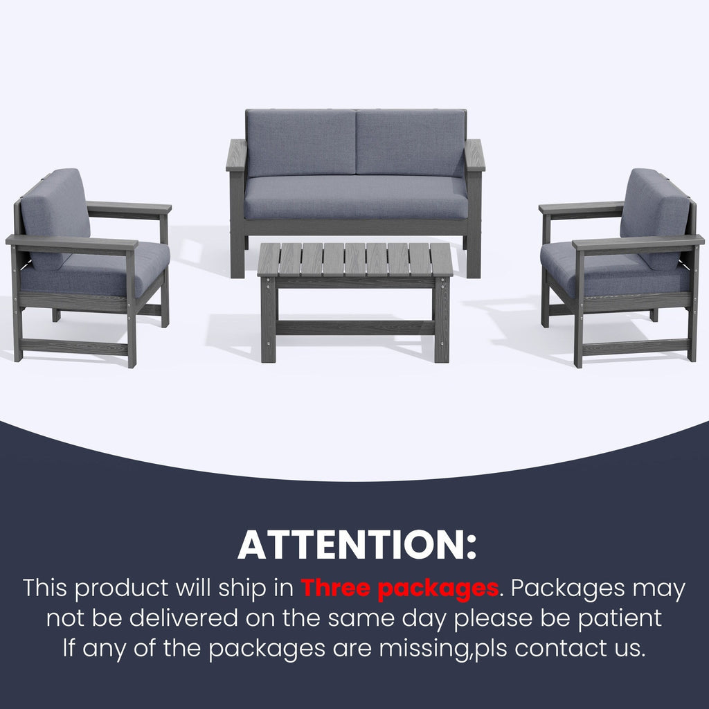 Ensemble de canapé et table sectionnels en PEHD pour patio extérieur, coussins amovibles inclus, une causeuse et deux canapés simples