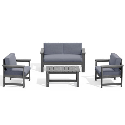 Ensemble de canapé et table sectionnels en PEHD pour patio extérieur, coussins amovibles inclus, une causeuse et deux canapés simples