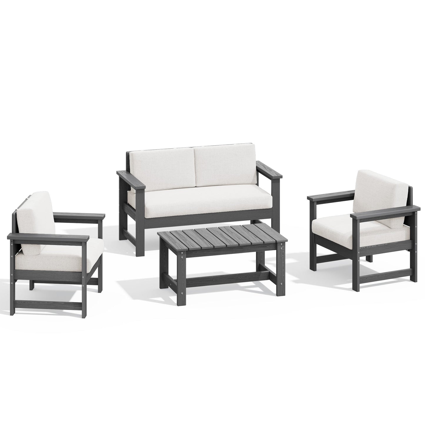 Ensemble de canapé et table sectionnels en PEHD pour patio extérieur, coussins amovibles inclus, une causeuse et deux canapés simples